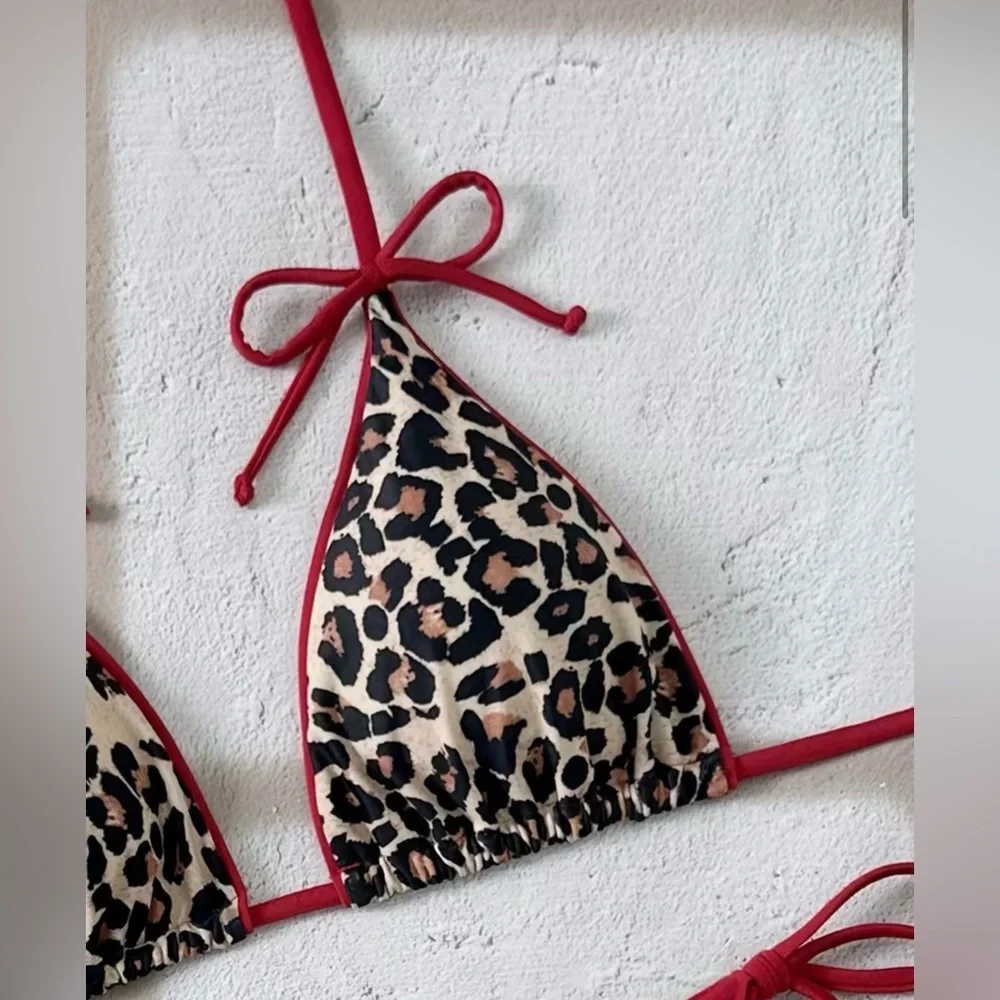 Leopard Print Halter Red Bows Side Tie Bikini Set